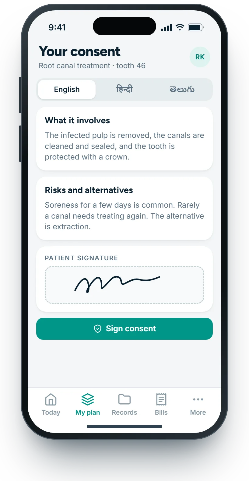 Consent form on a phone in English, Hindi or Telugu with a signature