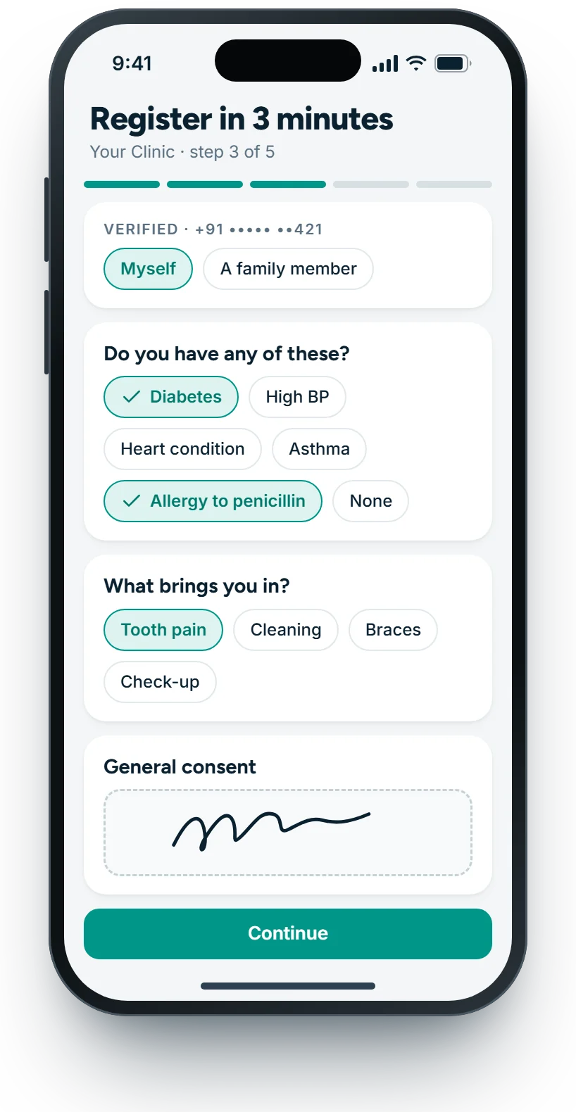 Self-registration on a phone: verified number, health history and general consent signature