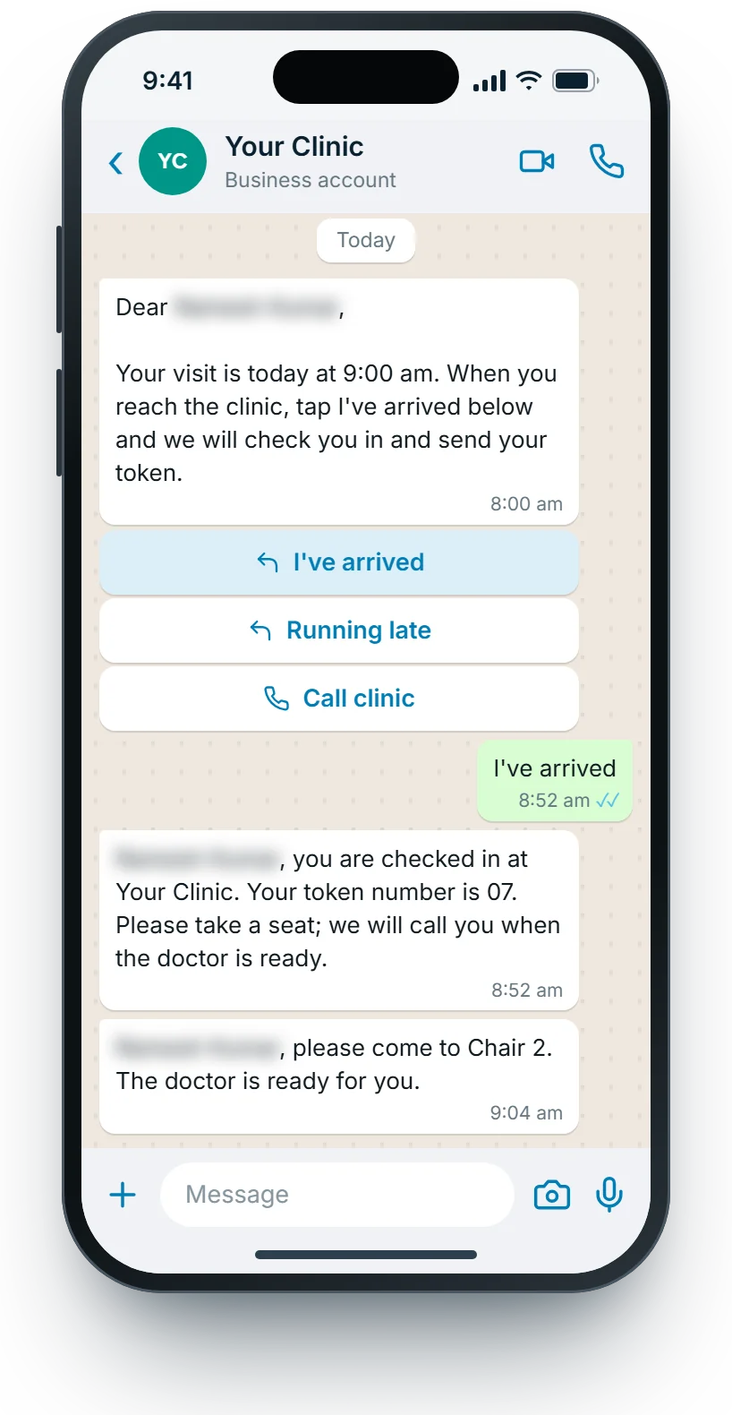 WhatsApp: I've arrived, checked in with token 07, please come in