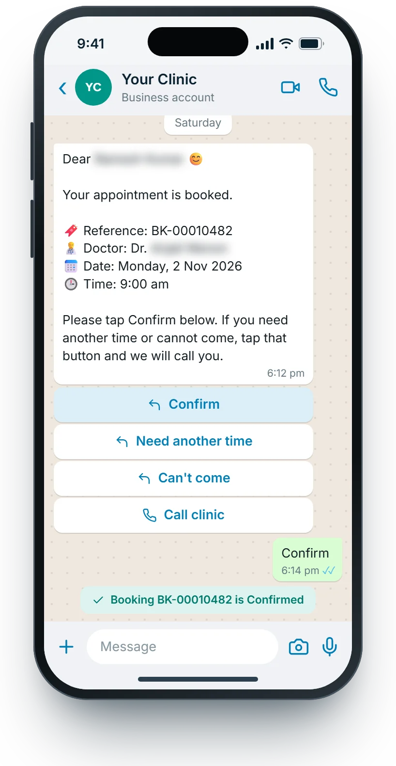 WhatsApp booking message with the Confirm button tapped