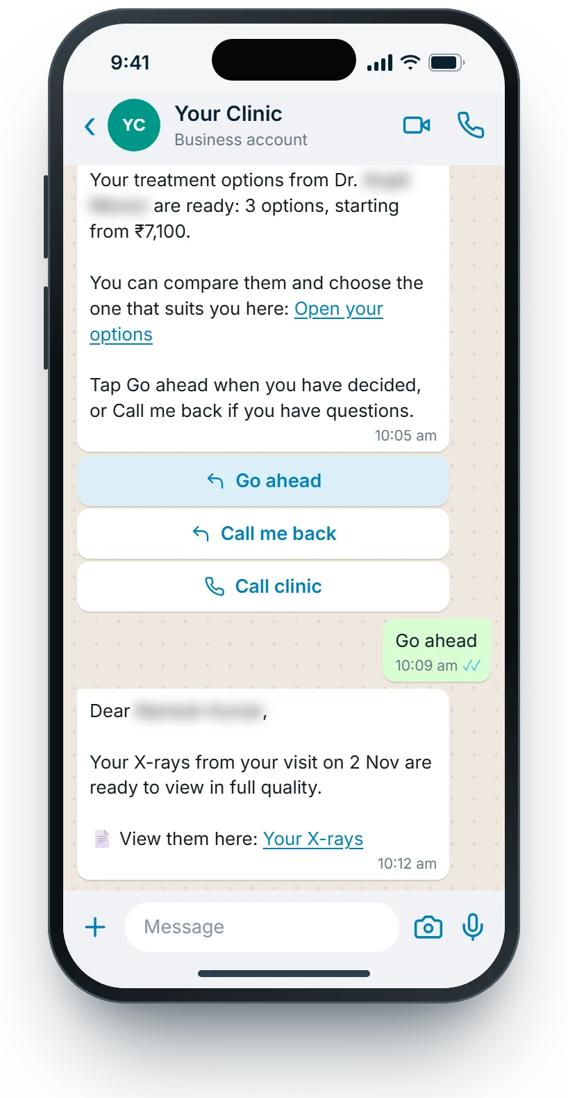 WhatsApp: treatment options with Go ahead, and X-rays ready