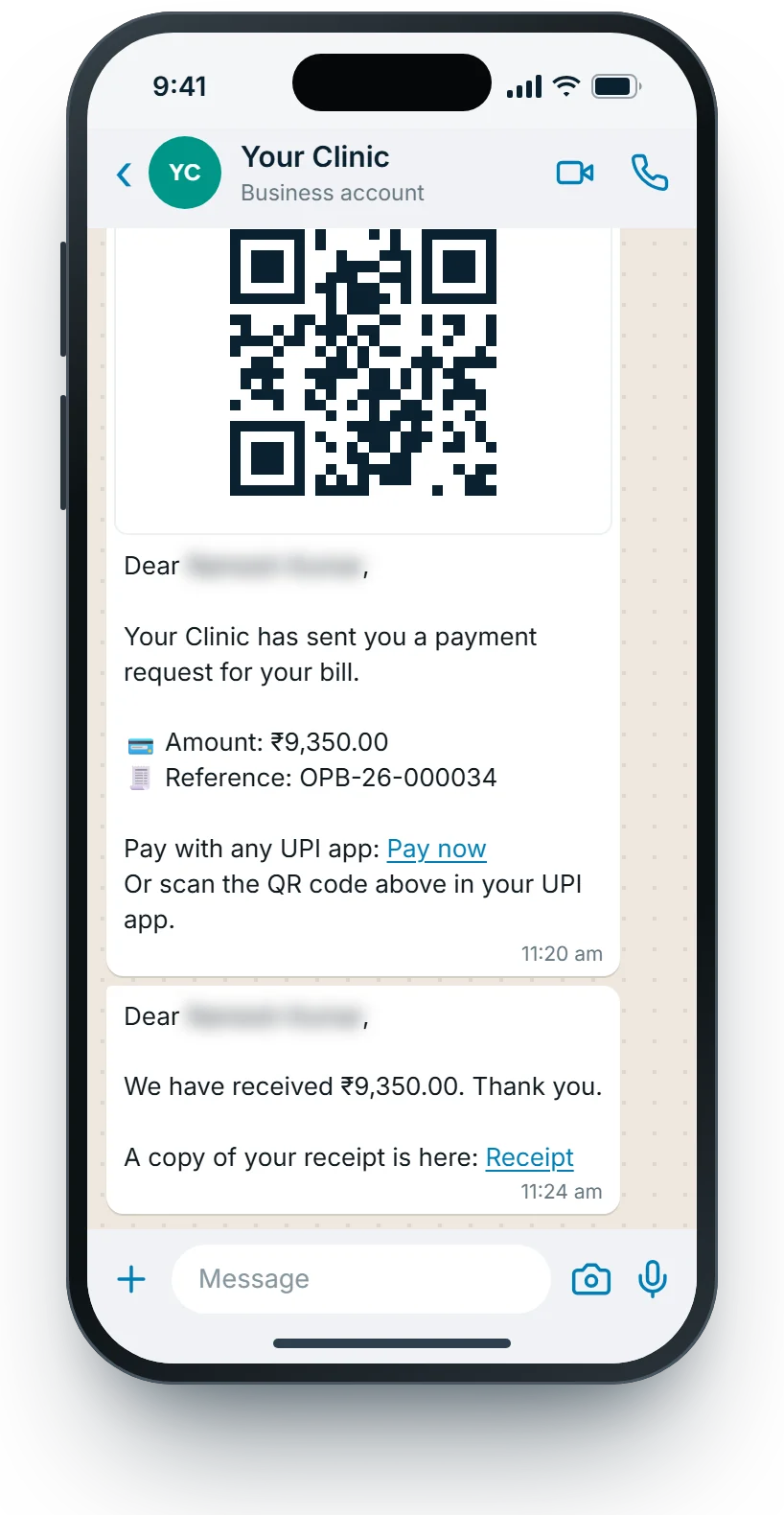 WhatsApp: UPI payment request with QR and the receipt